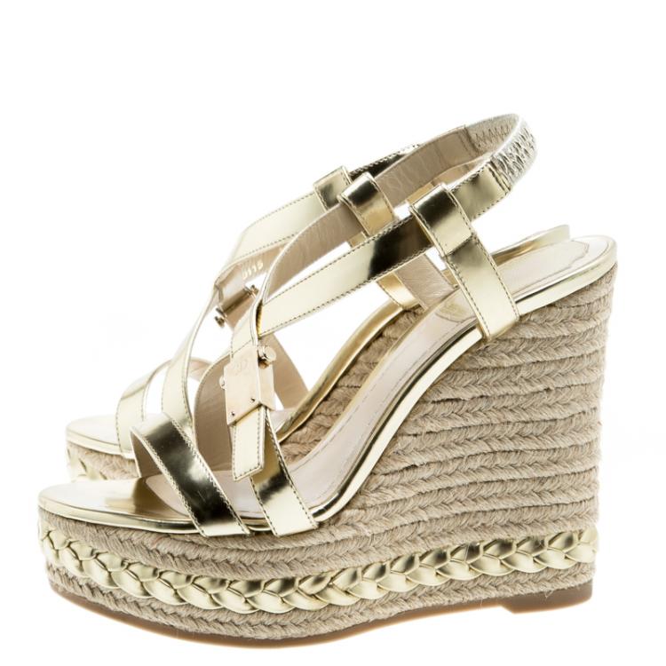 Pre Owned Dior Gold Metallic Leather Cross Strap Espadrille Wedge Sandals Size 36