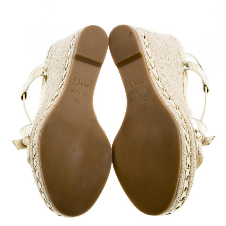 Pre Owned Dior Gold Metallic Leather Cross Strap Espadrille Wedge Sandals Size 36