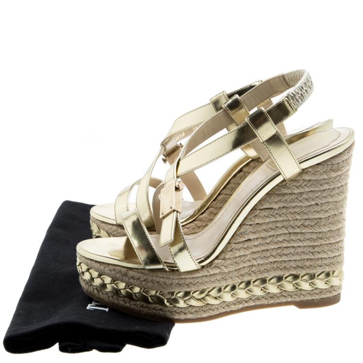 Pre Owned Dior Gold Metallic Leather Cross Strap Espadrille Wedge Sandals Size 36