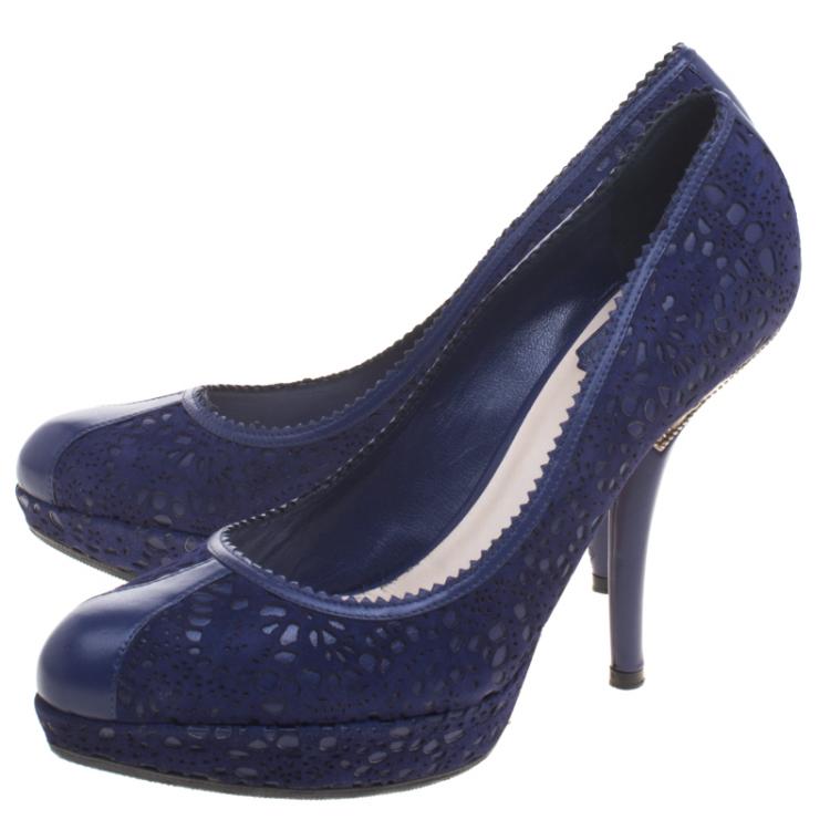Pre Owned Dior Blue Leather and Laser Cut Suede Dior Byz Platform Pumps Size 40