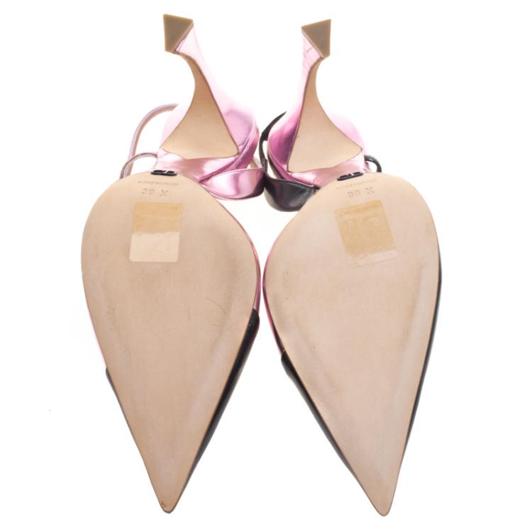 Pre Owned Dior Black and Pink Metallic Leather Defile D'orsay Slingback Sandals Size 39