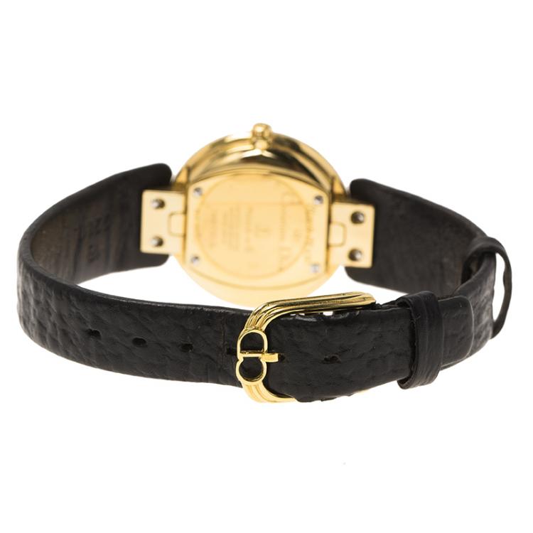 Pre Owned Dior Black Moon de Christian Dior Gold-Plated Stainless Steel Leather Women's Wristwatch 25MM