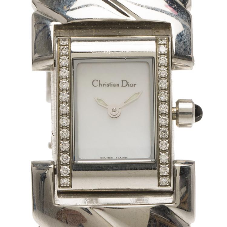 Pre Owned Christain Dior Mother of Pearl Diamond Stainless Steel D72-1011 Art Deco Women's Wristwatch 14MM