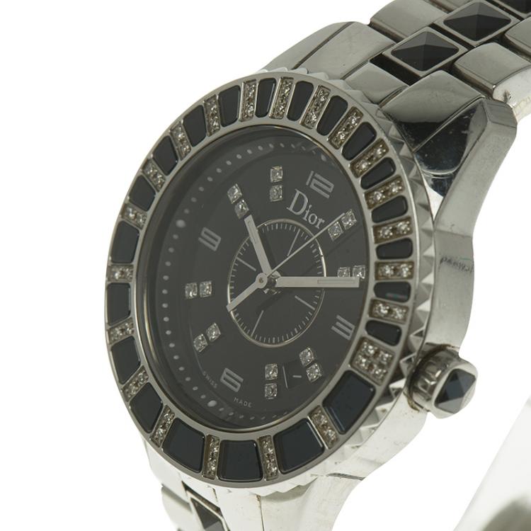 Pre Owned Christian Dior Black Stainless Steel and Diamond Christal CD113115 Women's Wristwatch 33MM