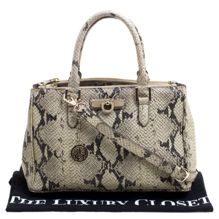 Pre Owned DKNY Beige Python Embossed Leather Double Zip Tote