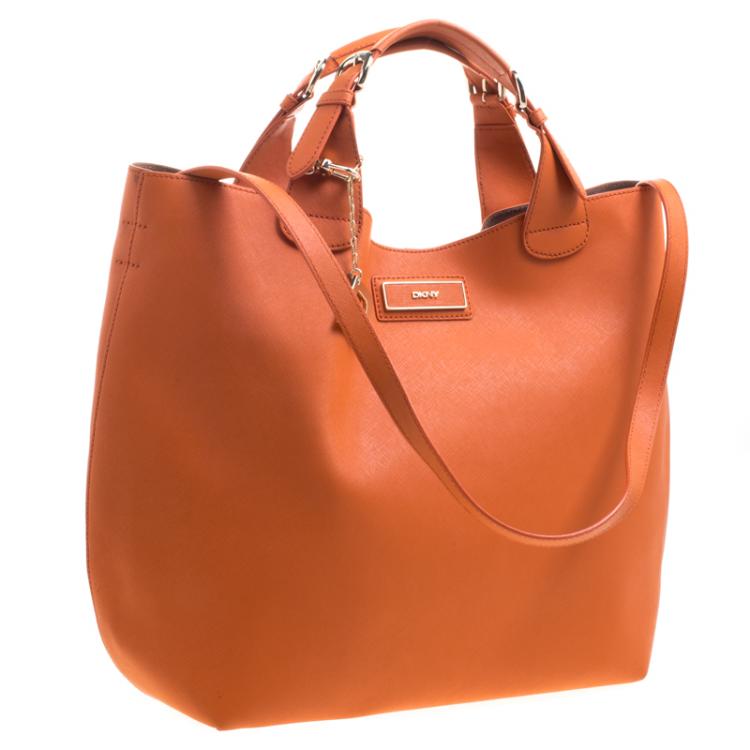 Pre Owned DKNY Orange Leather Large Tote