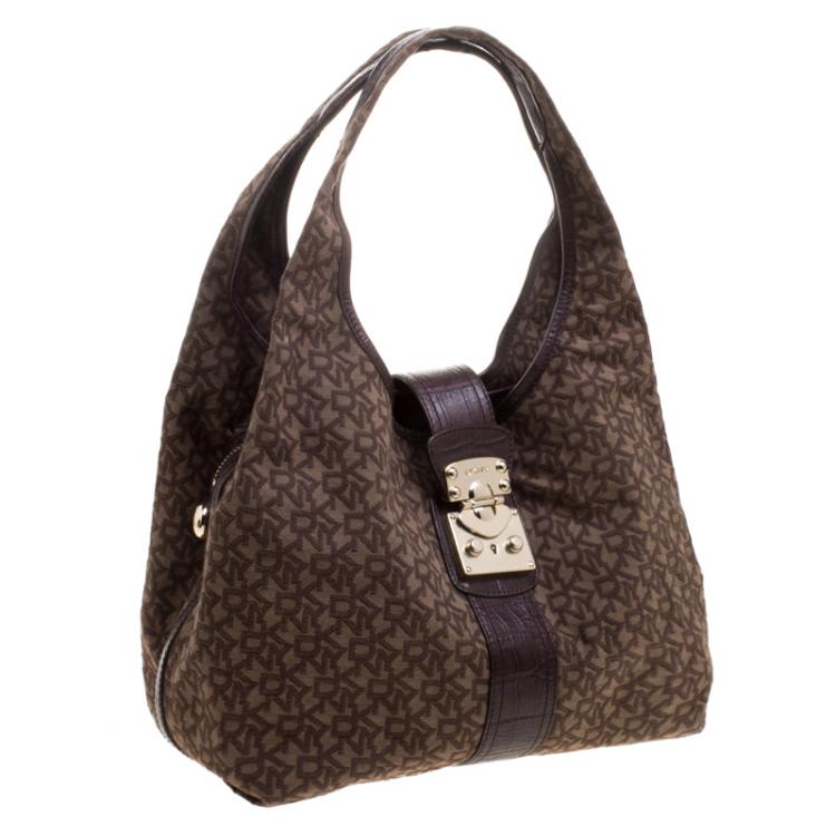 Pre Owned DKNY Dark Brown Signature Canvas Croc Trim Town and Country Hobo