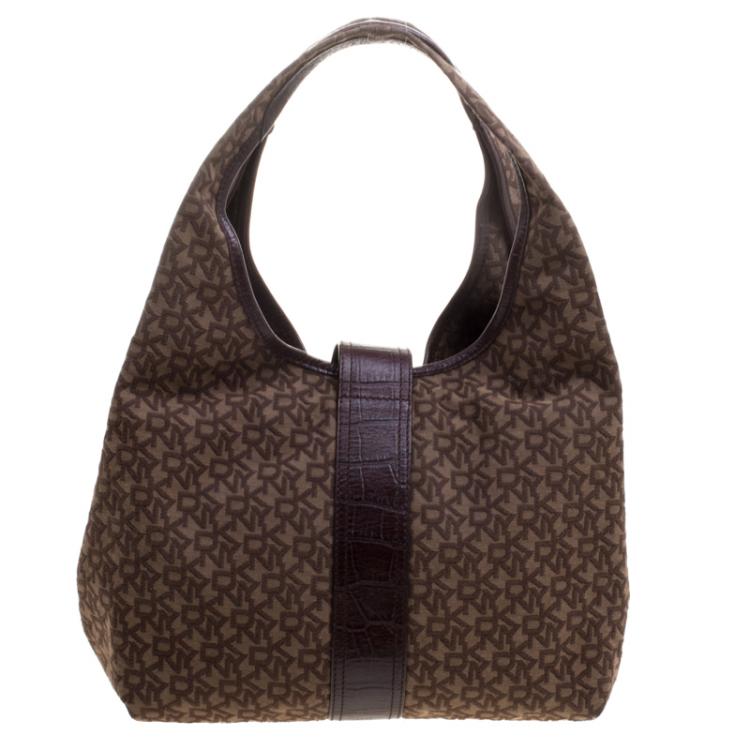 Pre Owned DKNY Dark Brown Signature Canvas Croc Trim Town and Country Hobo