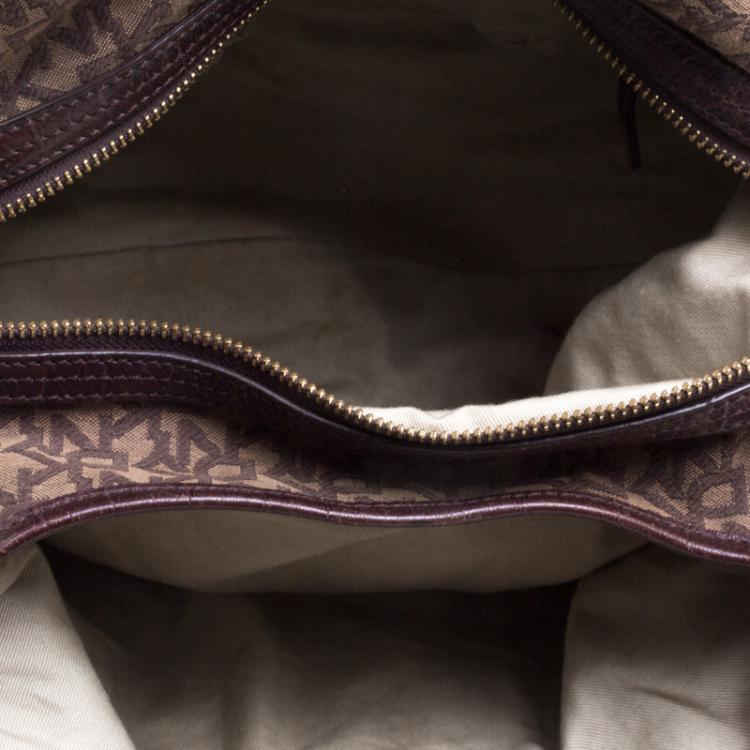 Pre Owned DKNY Dark Brown Signature Canvas Croc Trim Town and Country Hobo