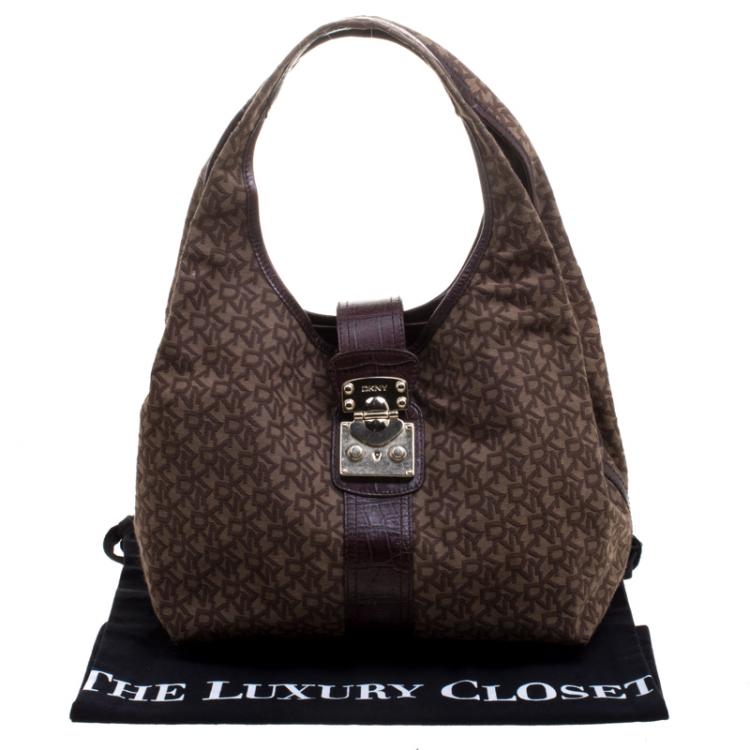 Pre Owned DKNY Dark Brown Signature Canvas Croc Trim Town and Country Hobo