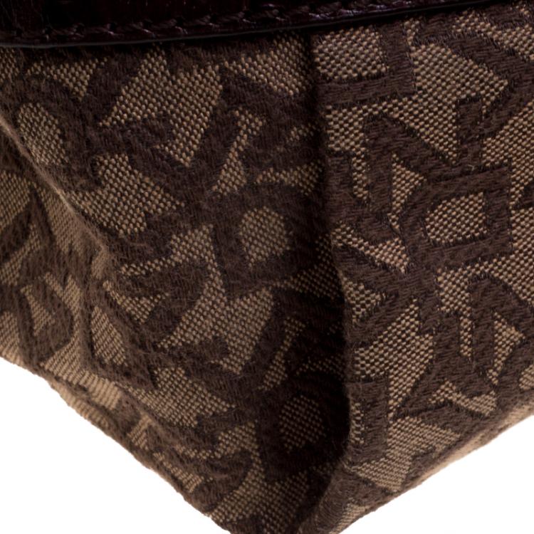 Pre Owned DKNY Dark Brown Signature Canvas Croc Trim Town and Country Hobo