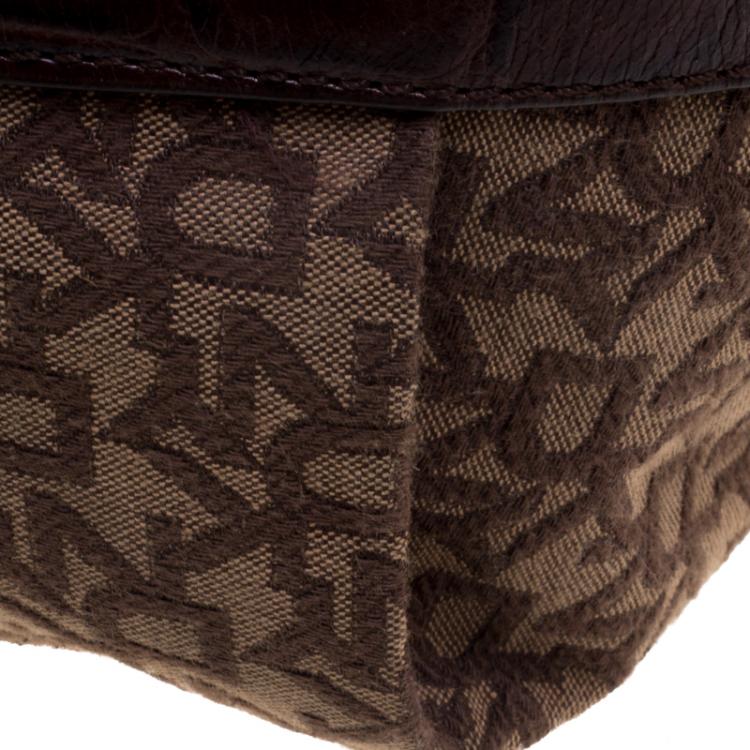Pre Owned DKNY Dark Brown Signature Canvas Croc Trim Town and Country Hobo