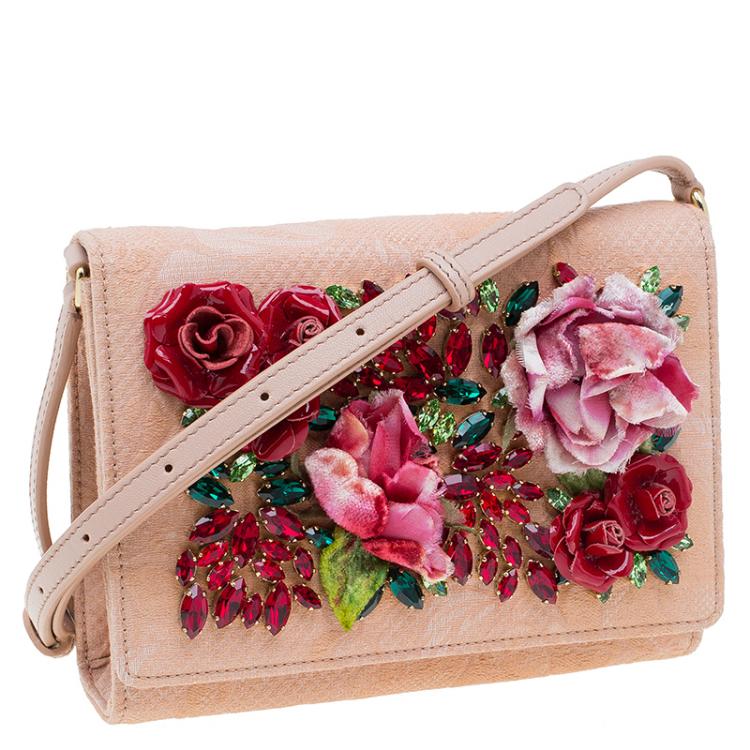 Pre Owned Dolce and Gabbana Beige Fabric Embroidered Floral Miss Anna Crossbody Bag