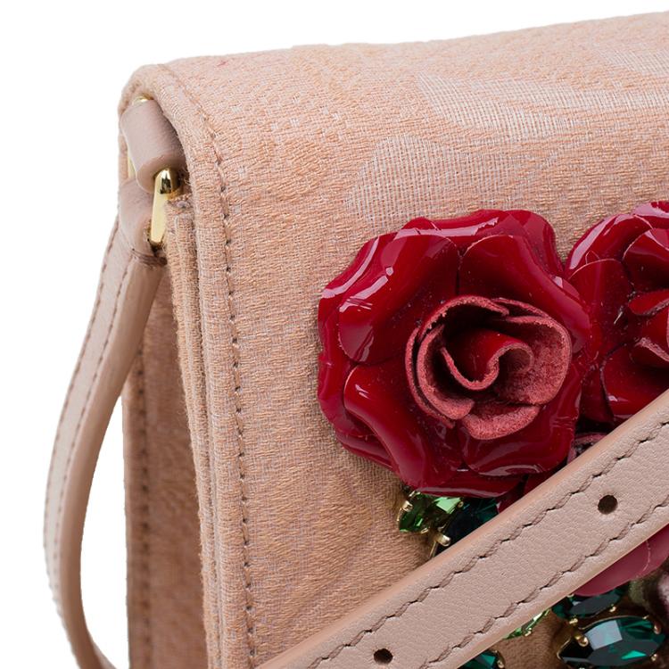 Pre Owned Dolce and Gabbana Beige Fabric Embroidered Floral Miss Anna Crossbody Bag