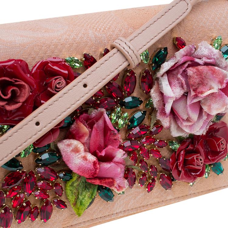 Pre Owned Dolce and Gabbana Beige Fabric Embroidered Floral Miss Anna Crossbody Bag