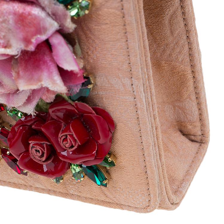 Pre Owned Dolce and Gabbana Beige Fabric Embroidered Floral Miss Anna Crossbody Bag