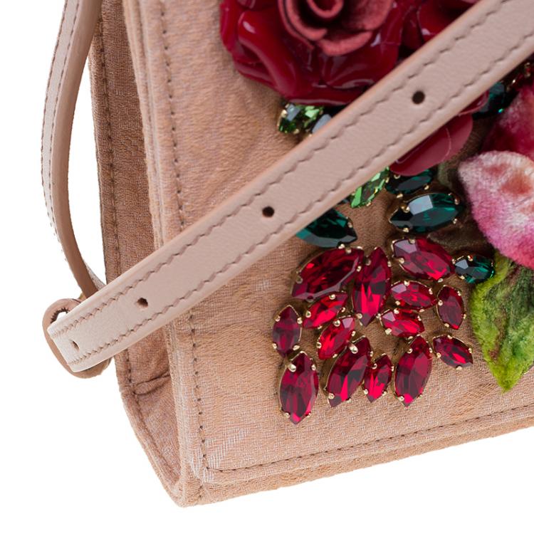 Pre Owned Dolce and Gabbana Beige Fabric Embroidered Floral Miss Anna Crossbody Bag