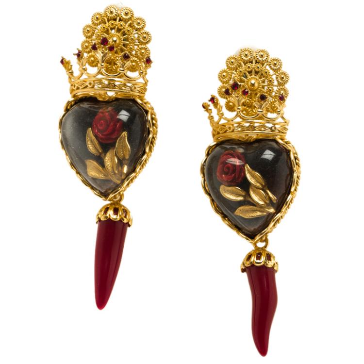 Pre Owned Dolce and Gabbana Sacred Heart Crown & Red Rose Gold Tone Clip-on Long Earrings