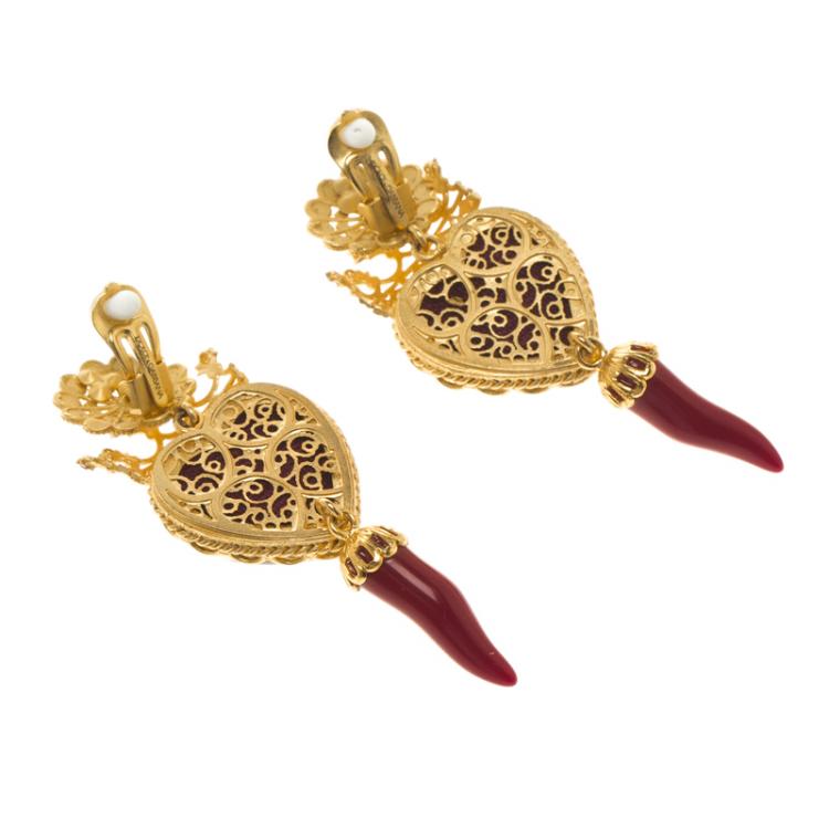Pre Owned Dolce and Gabbana Sacred Heart Crown & Red Rose Gold Tone Clip-on Long Earrings