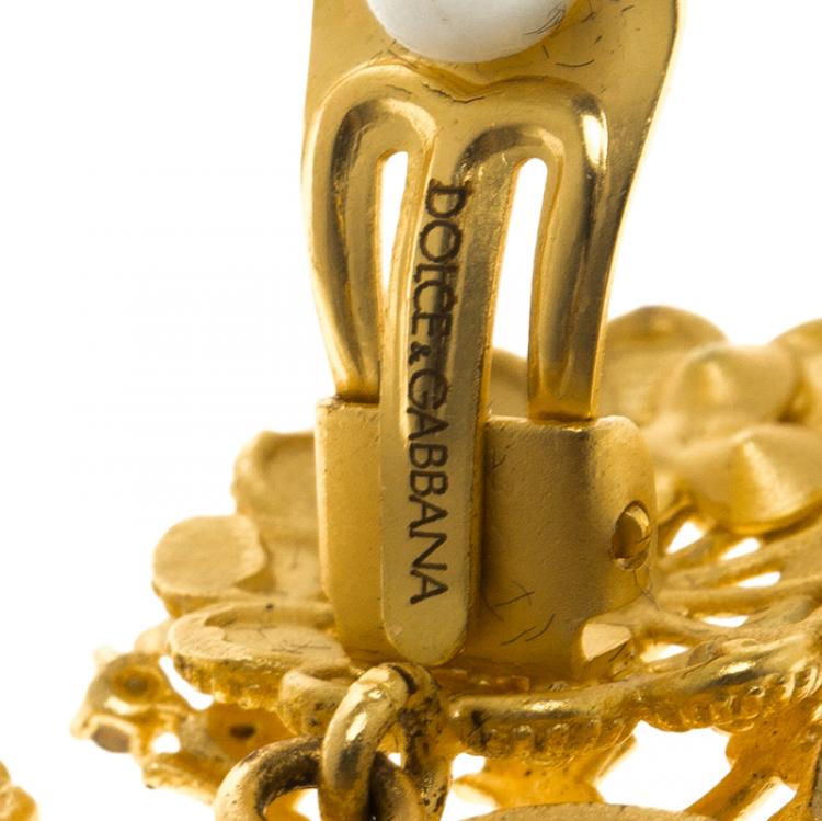 Pre Owned Dolce and Gabbana Sacred Heart Crown & Red Rose Gold Tone Clip-on Long Earrings