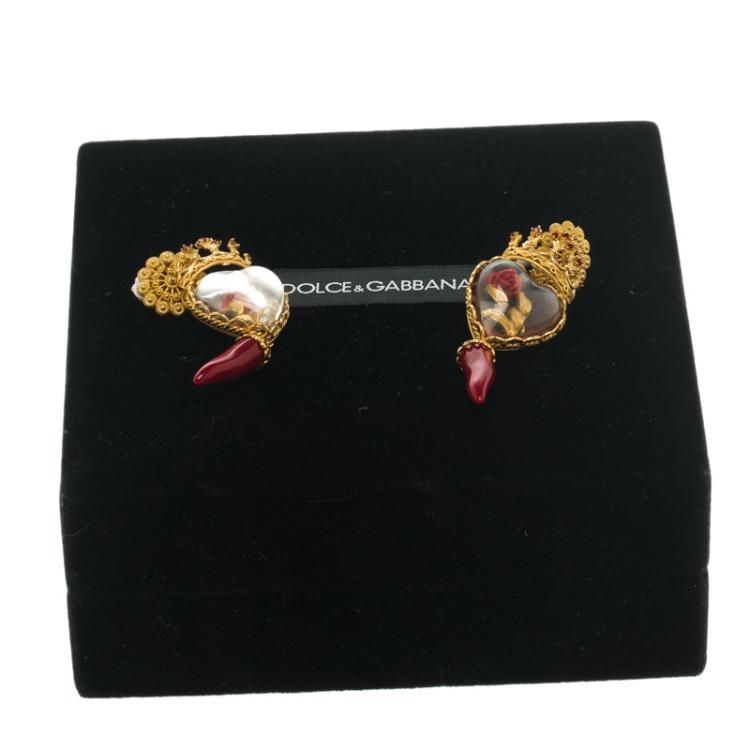 Pre Owned Dolce and Gabbana Sacred Heart Crown & Red Rose Gold Tone Clip-on Long Earrings