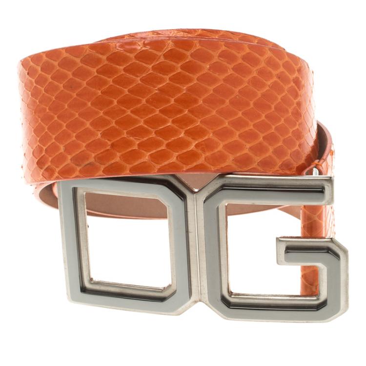 Pre Owned Dolce and Gabbana Orange Python DG Buckle Belt 85 CM