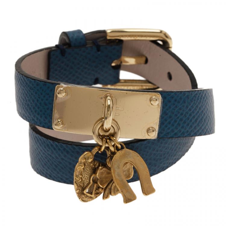 Pre Owned Dolce and Gabbana Good Luck Charms Blue Leather Bracelet S