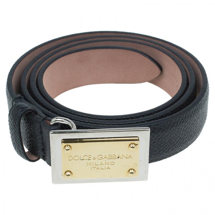 Pre Owned Dolce and Gabbana Black Grained Leather Logo Plaque Belt 70CM