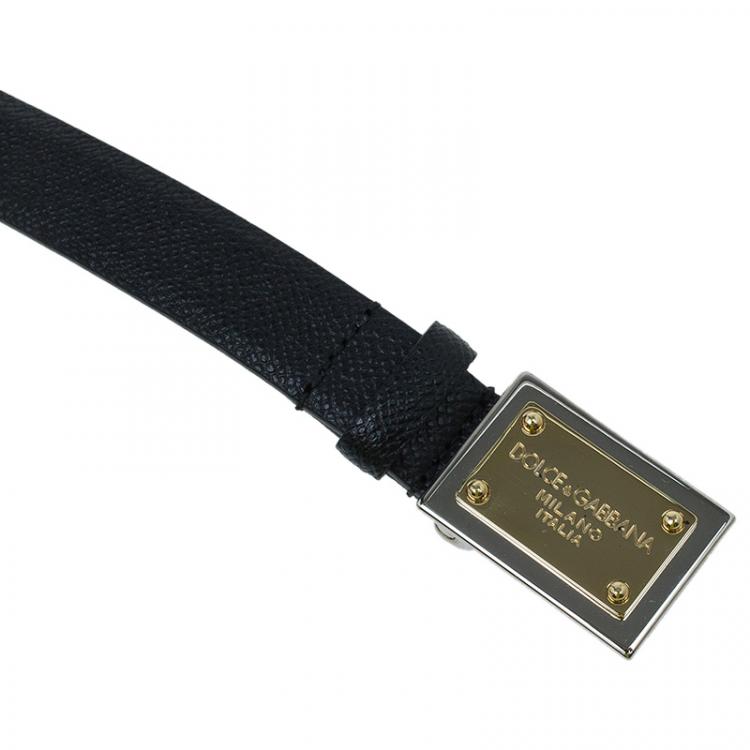 Pre Owned Dolce and Gabbana Black Grained Leather Logo Plaque Belt 70CM