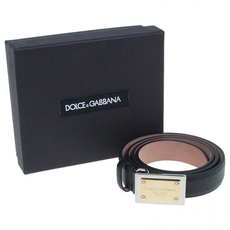 Pre Owned Dolce and Gabbana Black Grained Leather Logo Plaque Belt 70CM