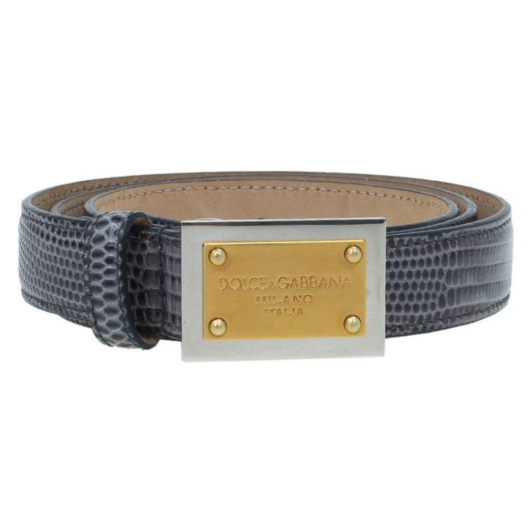 Pre Owned Dolce and Gabbana Grey Python Embossed Leather Logo Plaque Belt 75CM