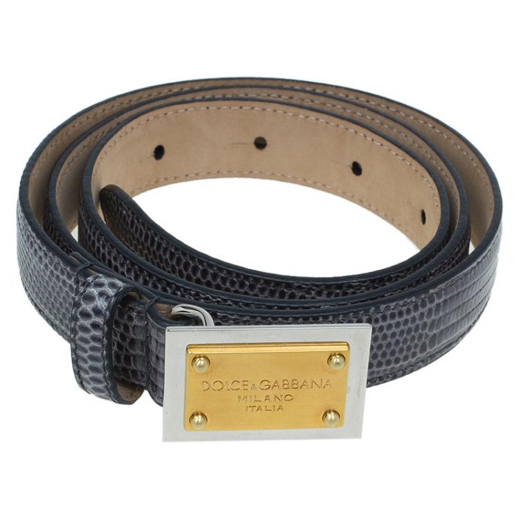 Pre Owned Dolce and Gabbana Grey Python Embossed Leather Logo Plaque Belt 75CM