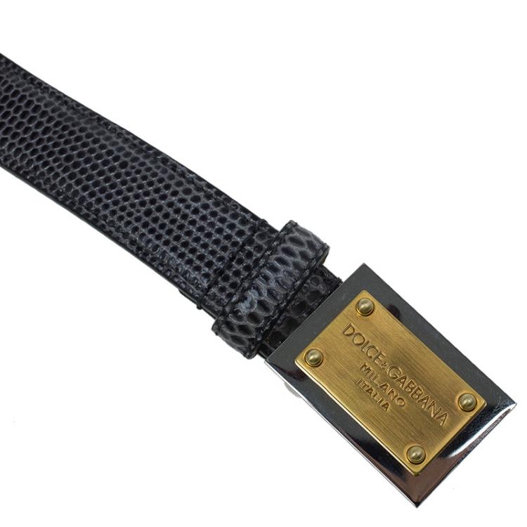 Pre Owned Dolce and Gabbana Grey Python Embossed Leather Logo Plaque Belt 75CM