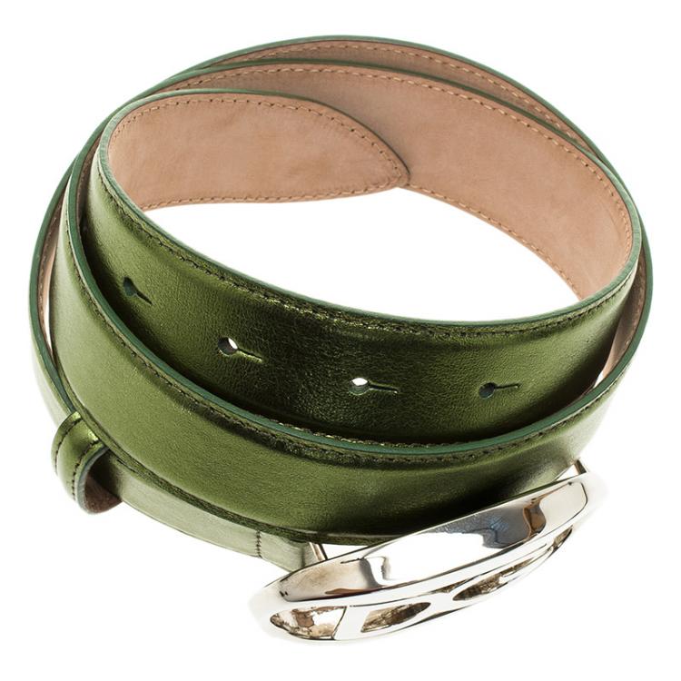 Pre Owned Dolce and Gabbana Metallic Green Logo Buckle Belt 80 CM