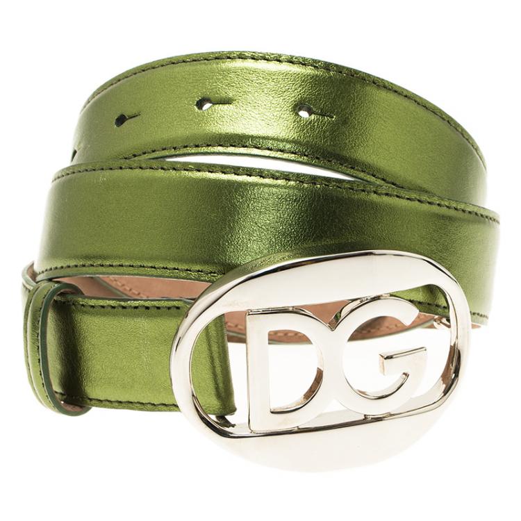 Pre Owned Dolce and Gabbana Metallic Green Logo Buckle Belt 80 CM