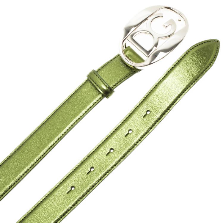 Pre Owned Dolce and Gabbana Metallic Green Logo Buckle Belt 80 CM