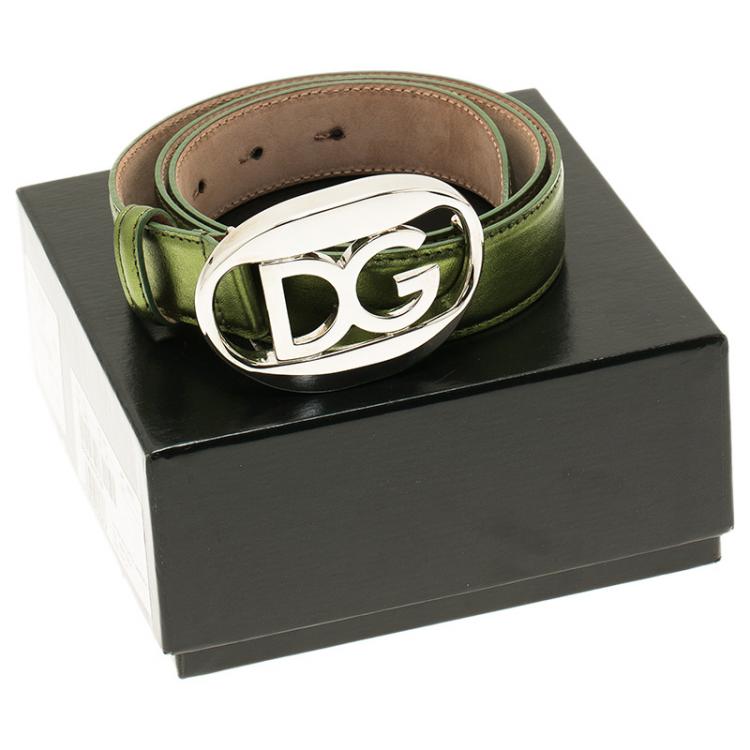 Pre Owned Dolce and Gabbana Metallic Green Logo Buckle Belt 80 CM
