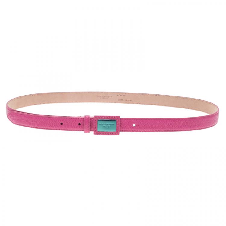 Pre Owned Dolce and Gabbana Light Pink Leather Logo Plaque Skinny Belt Size 85CM