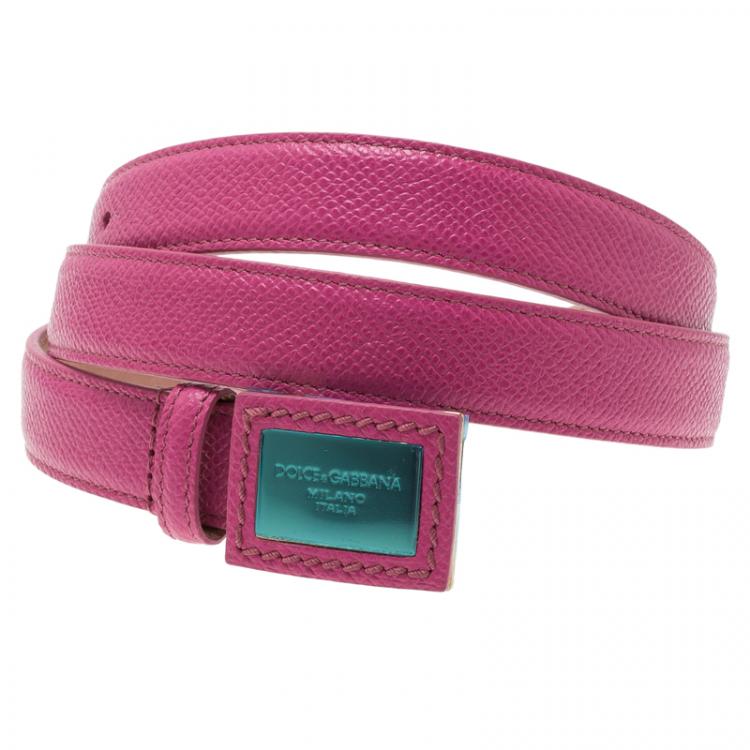 Pre Owned Dolce and Gabbana Light Pink Leather Logo Plaque Skinny Belt Size 85CM