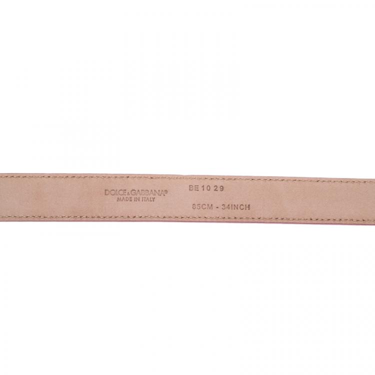 Pre Owned Dolce and Gabbana Light Pink Leather Logo Plaque Skinny Belt Size 85CM