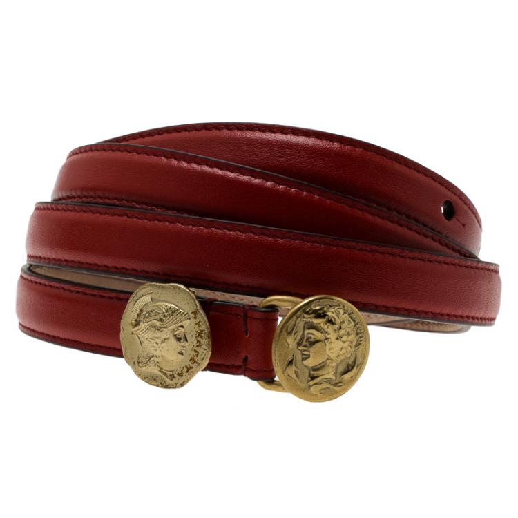Pre Owned Dolce and Gabbana Red Leather Cintura Skinny Belt Size 90CM