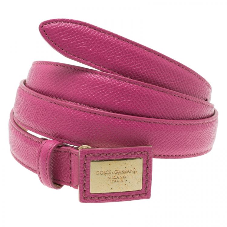 Pre Owned Dolce and Gabbana Light Pink Leather Logo Plaque Skinny Belt Size 90CM