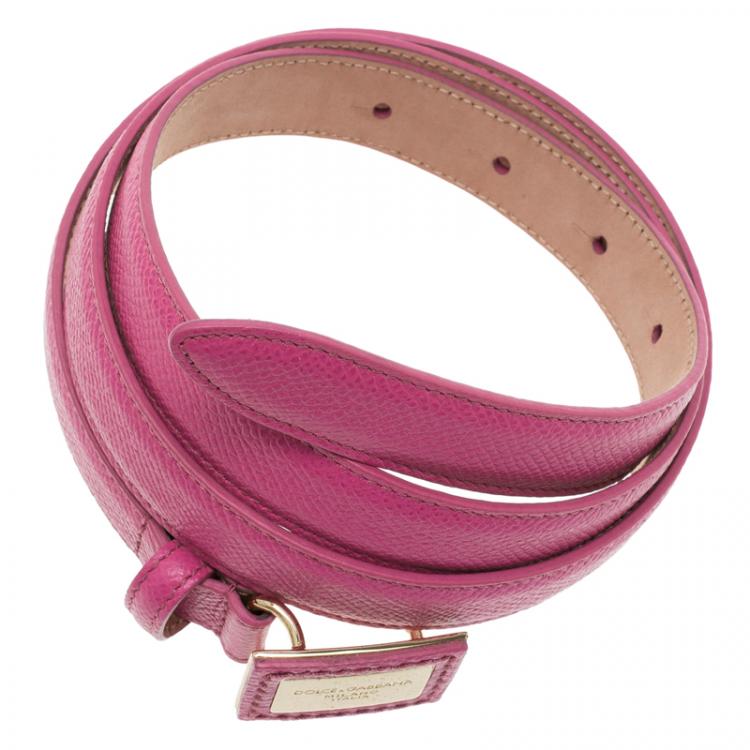 Pre Owned Dolce and Gabbana Light Pink Leather Logo Plaque Skinny Belt Size 90CM