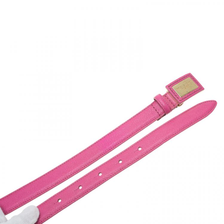 Pre Owned Dolce and Gabbana Light Pink Leather Logo Plaque Skinny Belt Size 90CM