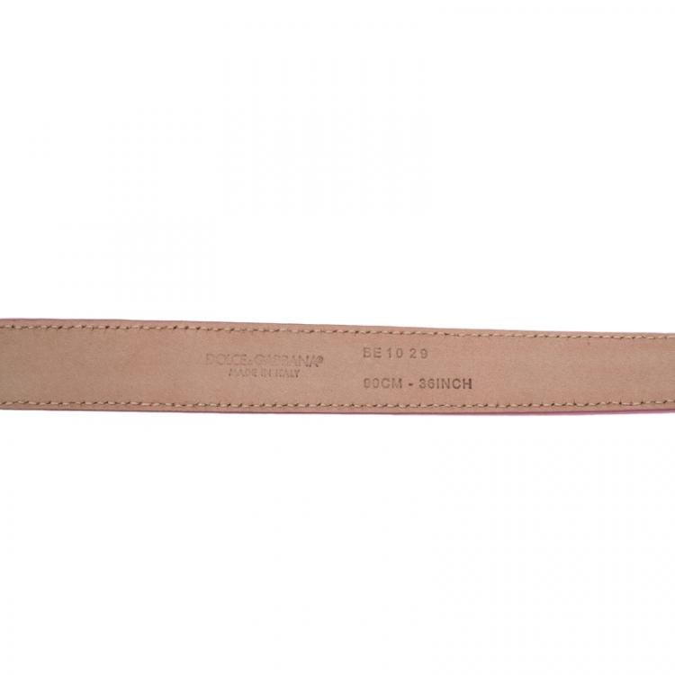 Pre Owned Dolce and Gabbana Light Pink Leather Logo Plaque Skinny Belt Size 90CM