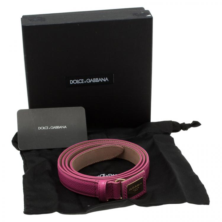 Pre Owned Dolce and Gabbana Light Pink Leather Logo Plaque Skinny Belt Size 90CM