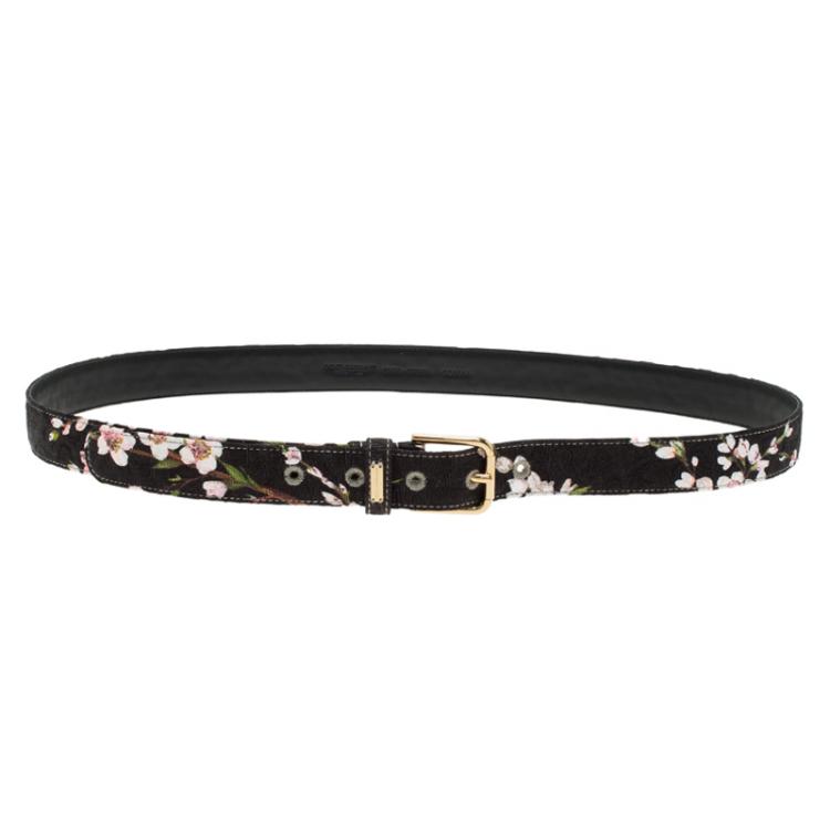 Pre Owned Dolce and Gabbana Black Floral Brocade Belt Size 90CM