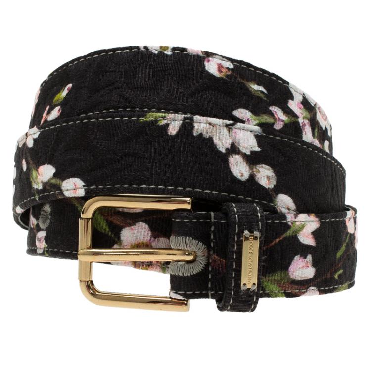 Pre Owned Dolce and Gabbana Black Floral Brocade Belt Size 90CM