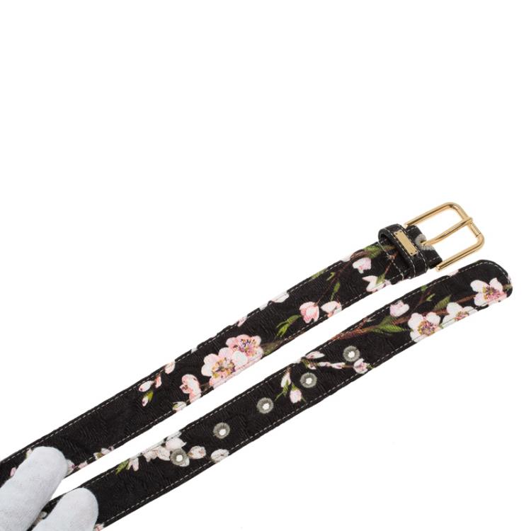 Pre Owned Dolce and Gabbana Black Floral Brocade Belt Size 90CM