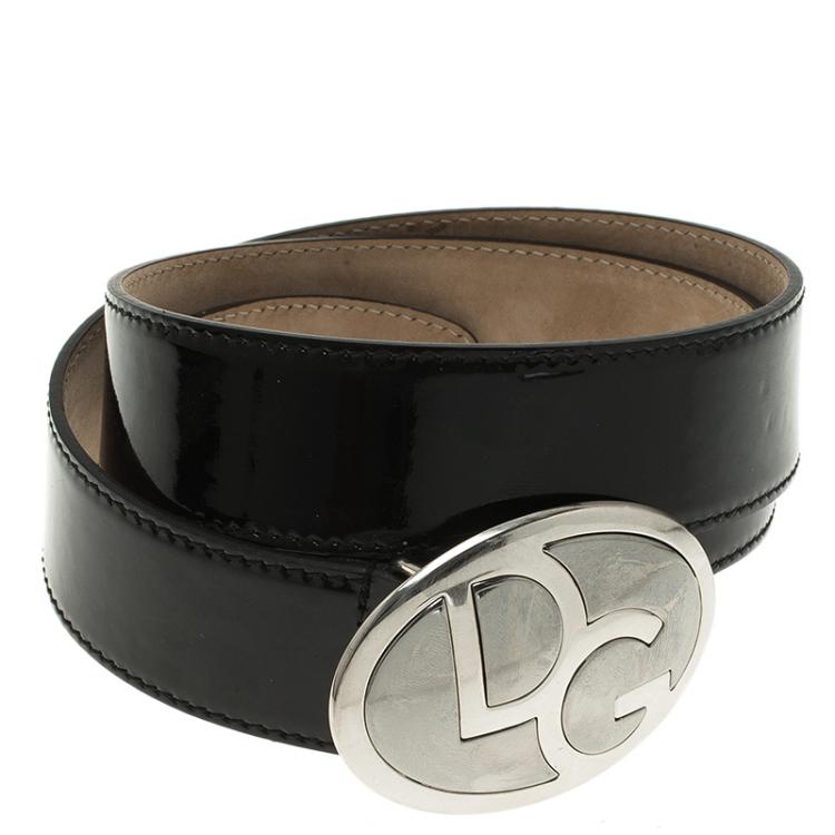 مملوكة مسبقًا Dolce and Gabbana Black Patent Logo Buckle Belt Size 80 CM